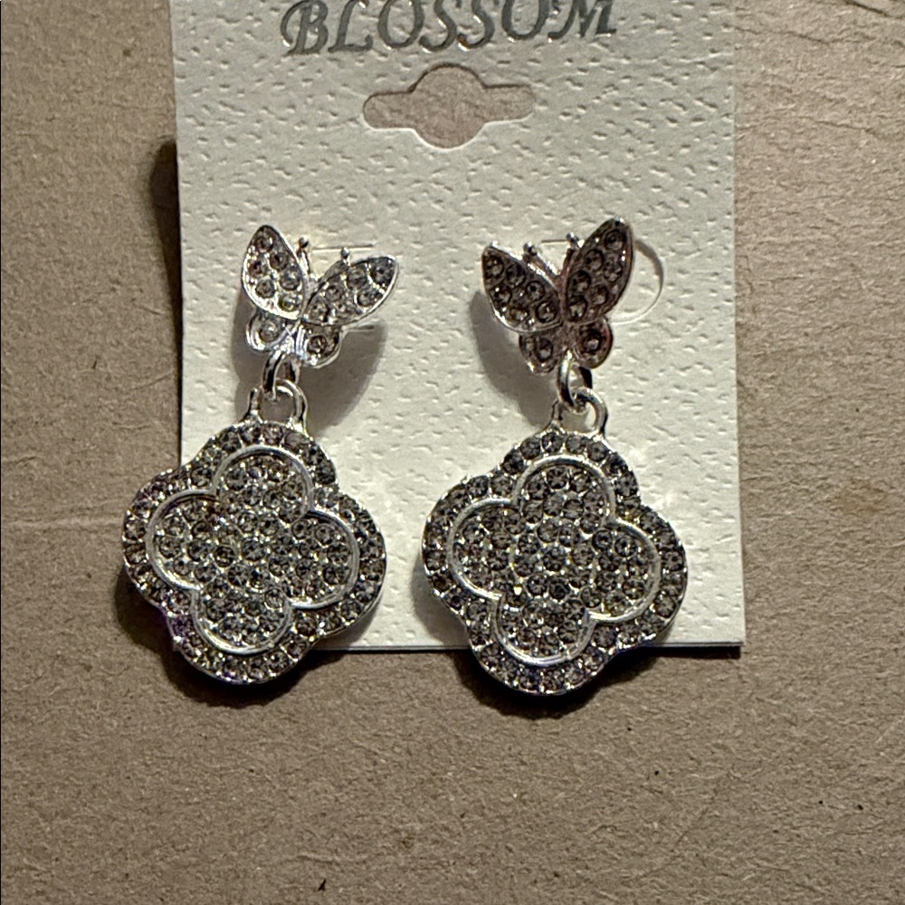 Silver Crystal Butterfly and Clover Drop Earrings